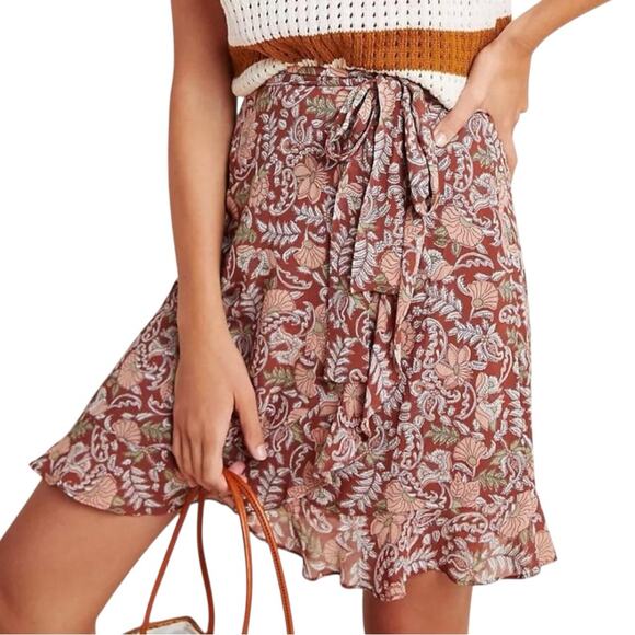 Anthropologie Dresses & Skirts - Anthropologie Luca Faux Wrap Printed Mini Skirt SMALL in Brown Motif